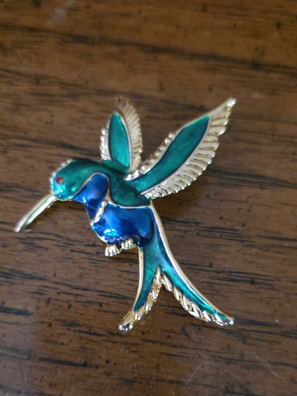 Enamel Hummingbird Brooch in Teal & Blue
